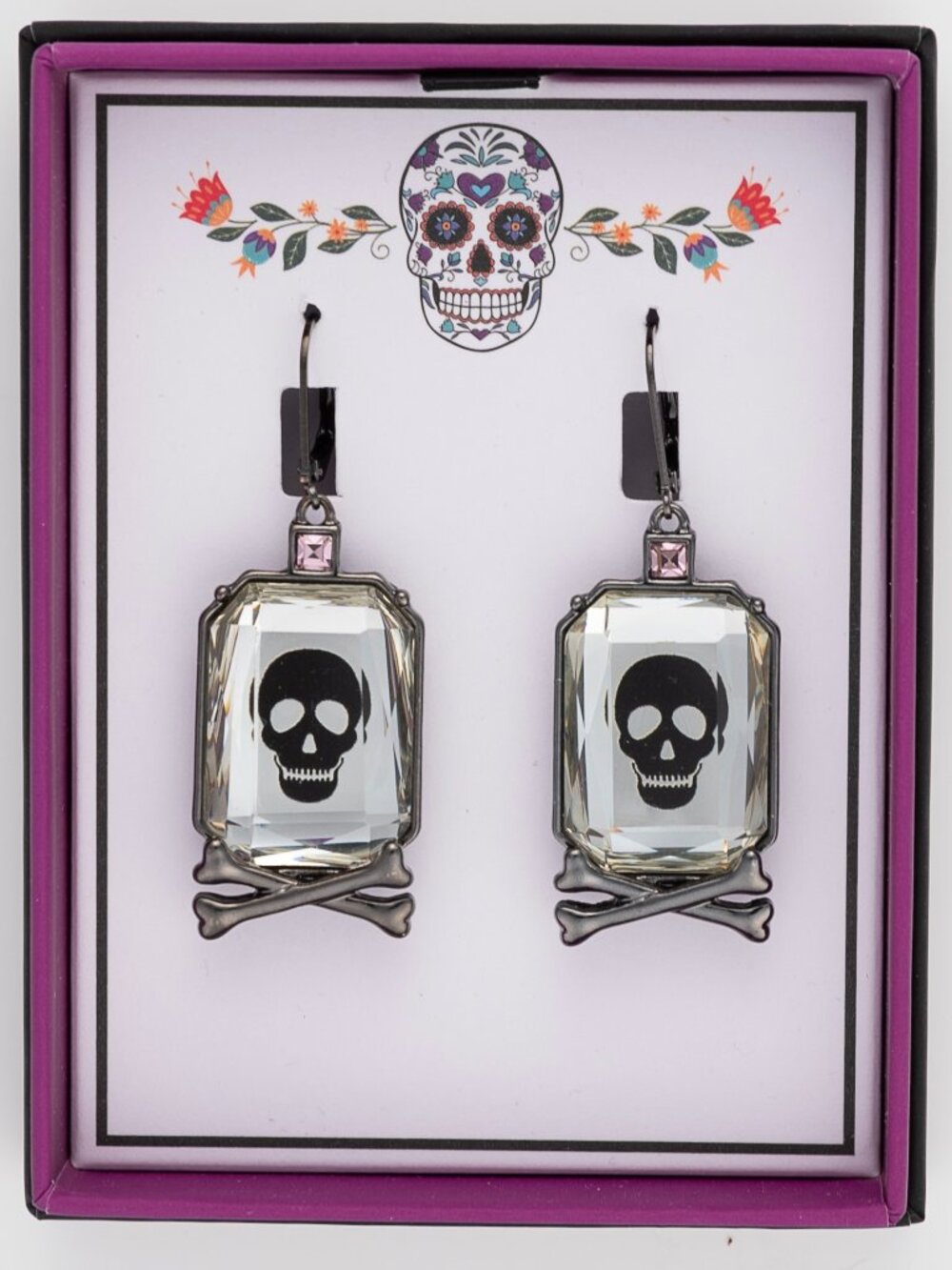 Bella Jack Mirrored Skull & Crossbones Crystal Drop Earrings Gothic